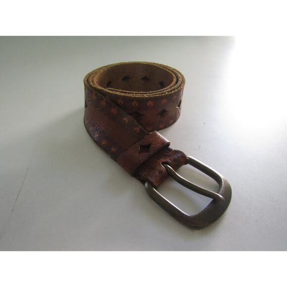 Buckle Brown Tooled Leather Belt Size 32 Cutout Western Vintage Look - Picture 1 of 10